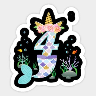 Kids 4 Year Old Unicorn Mermaid Birthday Theme Tail Girl 4Th Sticker